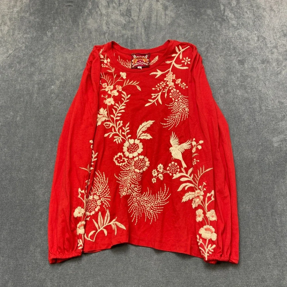 Johnny Was Ellia Top Womens Small Red Puff Sleeve Embroidered Floral Round Neck